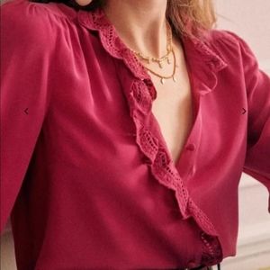 Burgundy silk blouse with lace collar detail - new, size 36 (European sizing)